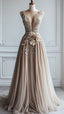 A-Line Deep V Neck Tulle Applique Long Evening Gown Bridesmaid Dress