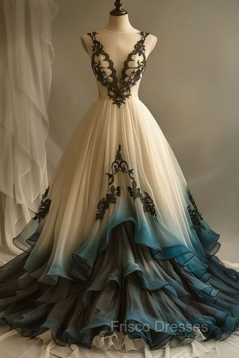 A-Line Deep V Neck Tulle Long Formal Prom Dress Embroidered Applique Evening Dress Secondary image