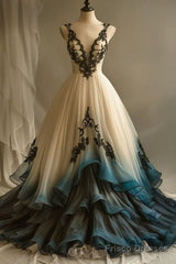A-Line Deep V Neck Tulle Long Prom Dress Embroidered Applique Evening Dress