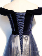 A-Line Elegant Floral Formal Prom Formal Evening Dress Off Shoulder Short Sleeve Sweep / Brush Train Tulle With Pleats Pattern / Print