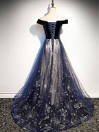 A-Line Elegant Floral Formal Prom Formal Evening Dress Off Shoulder Short Sleeve Sweep / Brush Train Tulle With Pleats Pattern / Print