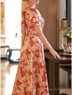 A-Line Evening Gown Chinese Style Dress Engagement Floor Length Half Sleeve Stand Collar Satin With Pearls Strappy