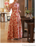 A-Line Evening Gown Chinese Style Dress Engagement Floor Length Half Sleeve Stand Collar Satin With Pearls Strappy