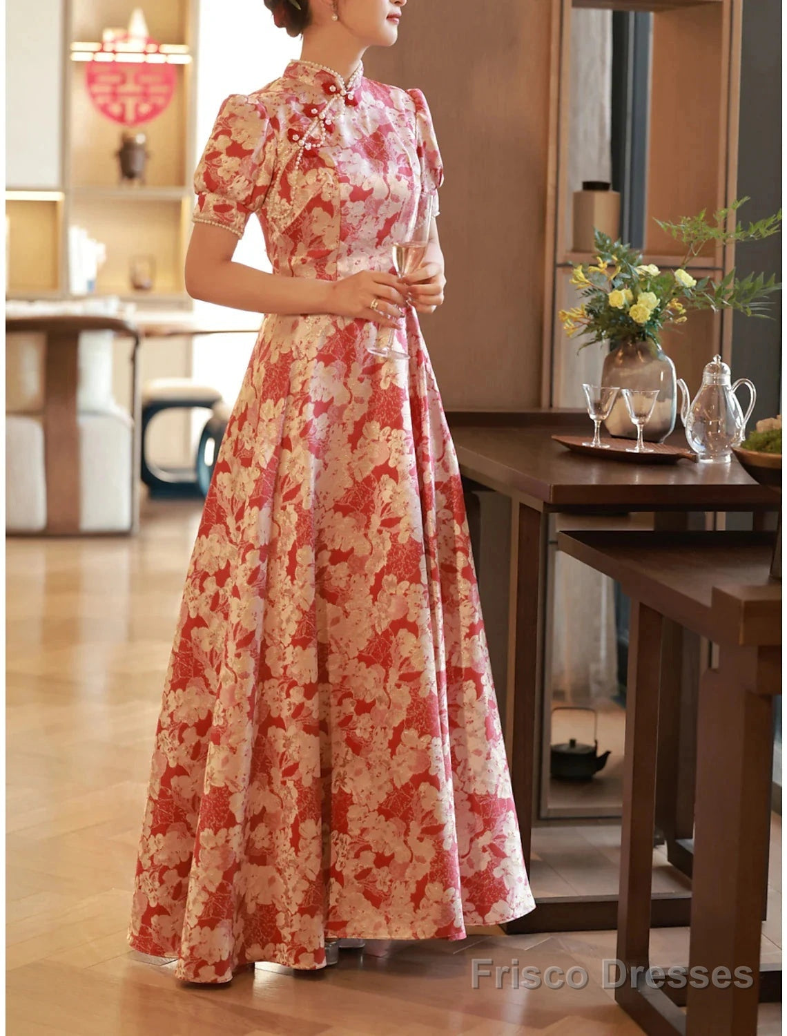 A-Line Evening Gown Chinese Style Dress Engagement Floor Length Half Sleeve Stand Collar Satin With Pearls Strappy Main image