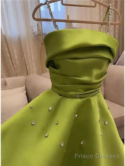 A-Line Evening Gown Elegant Dress Formal Floor Length Christmas Red Green Dress Sleeveless Spaghetti Strap Satin With Pleats Ruched Crystals