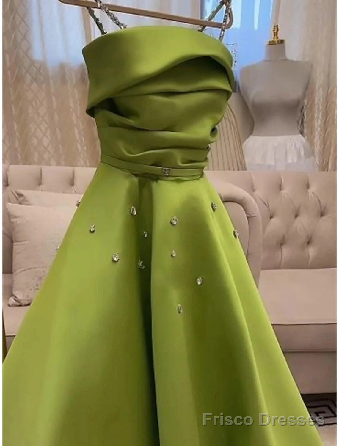 A-Line Evening Gown Elegant Dress Formal Floor Length Christmas Red Green Dress Sleeveless Spaghetti Strap Satin With Pleats Ruched Crystals Main image