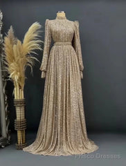 A-Line Evening Gown Elegant Dress Red Green Dress Black Tie Floor Length Long Sleeve Jewel Neck Fall Wedding Guest Sequined With Ruched