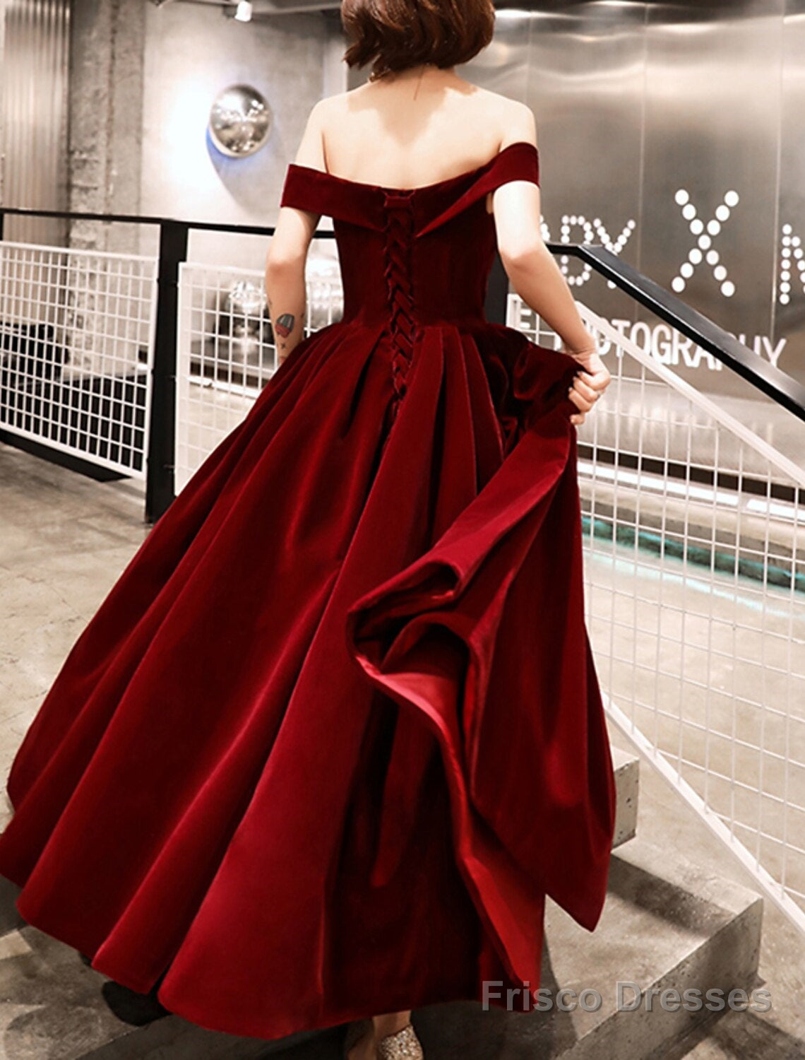 A-Line Evening Gown Elegant Dress Wedding Guest Ankle Length Short Sleeve Off Shoulder Velvet With Sleek Secondary image