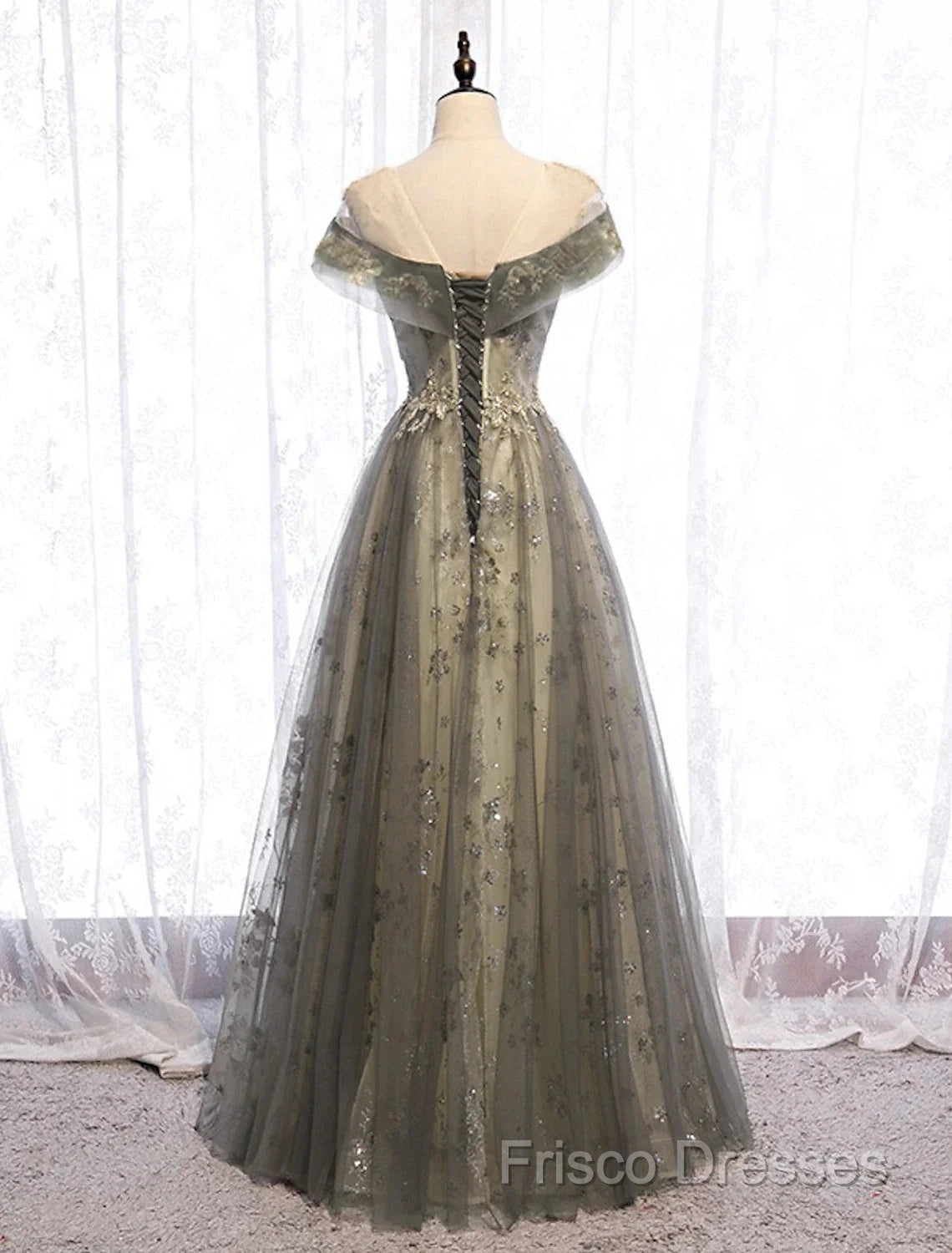 A-Line Formal Gown Elegant Dress Wedding Guest Engagement Floor Length Short Sleeve Illusion Neck Tulle With Pleats Secondary image