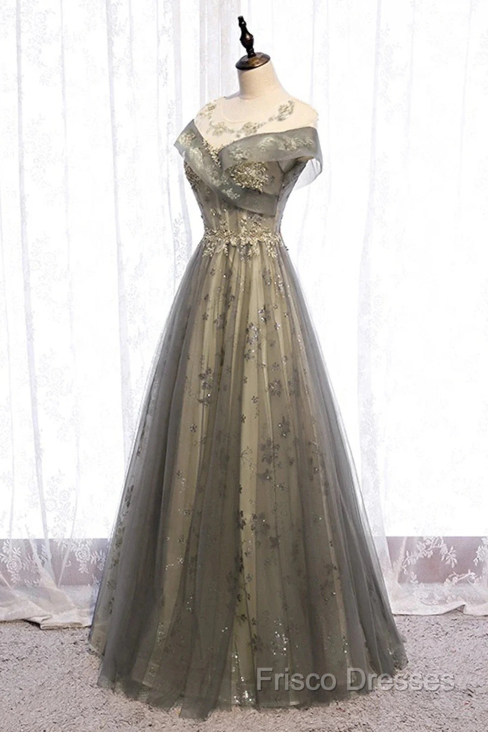 A-Line Formal Gown Elegant Dress Wedding Guest Engagement Floor Length Short Sleeve Illusion Neck Tulle With Pleats