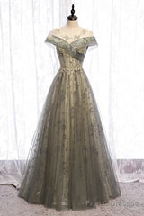 A-Line Evening Gown Elegant Dress Wedding Guest Engagement Floor Length Short Sleeve Illusion Neck Tulle With Pleats