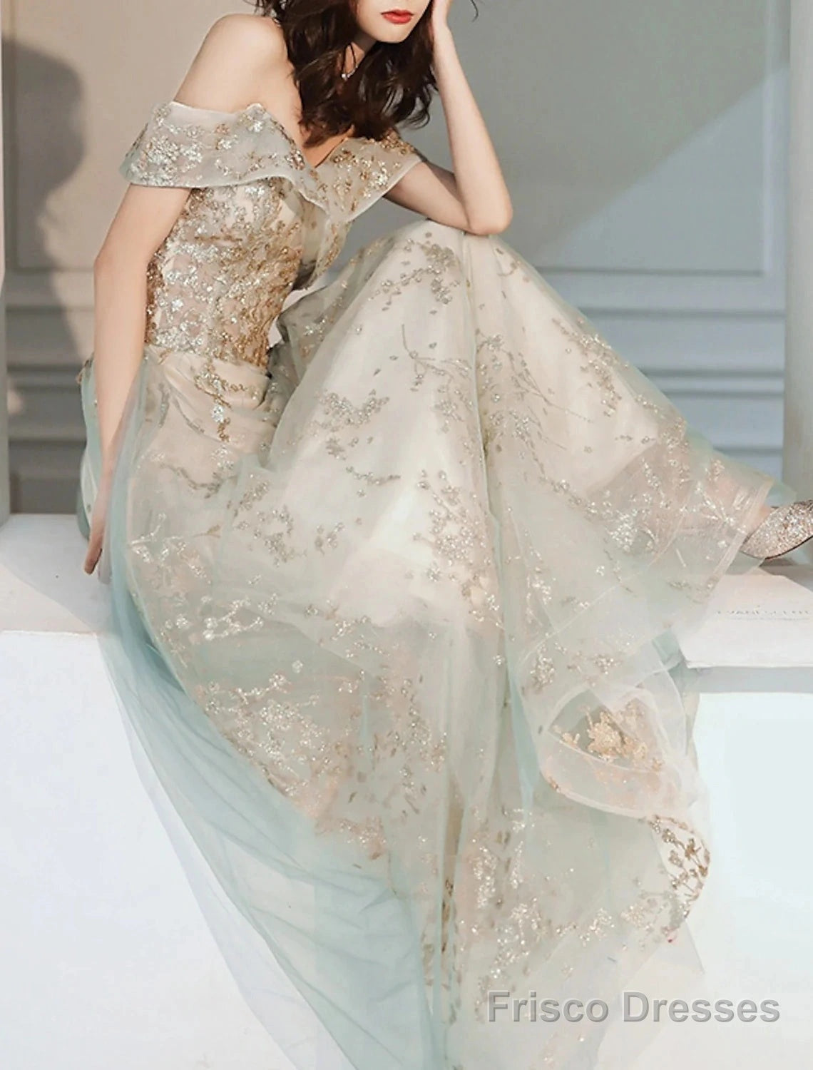 A-Line Evening Gown Elegant Dress Wedding Guest Engagement Floor Length Short Sleeve Off Shoulder Tulle With Sequin