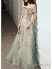 A-Line Evening Gown Elegant Dress Wedding Guest Engagement Floor Length Short Sleeve Off Shoulder Tulle With Sequin