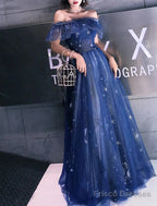 A-Line Fairy Prom Dress Sparkle Party Dress Off Shoulder Short Sleeve Floor Length Tulle With Sequins Embroidery