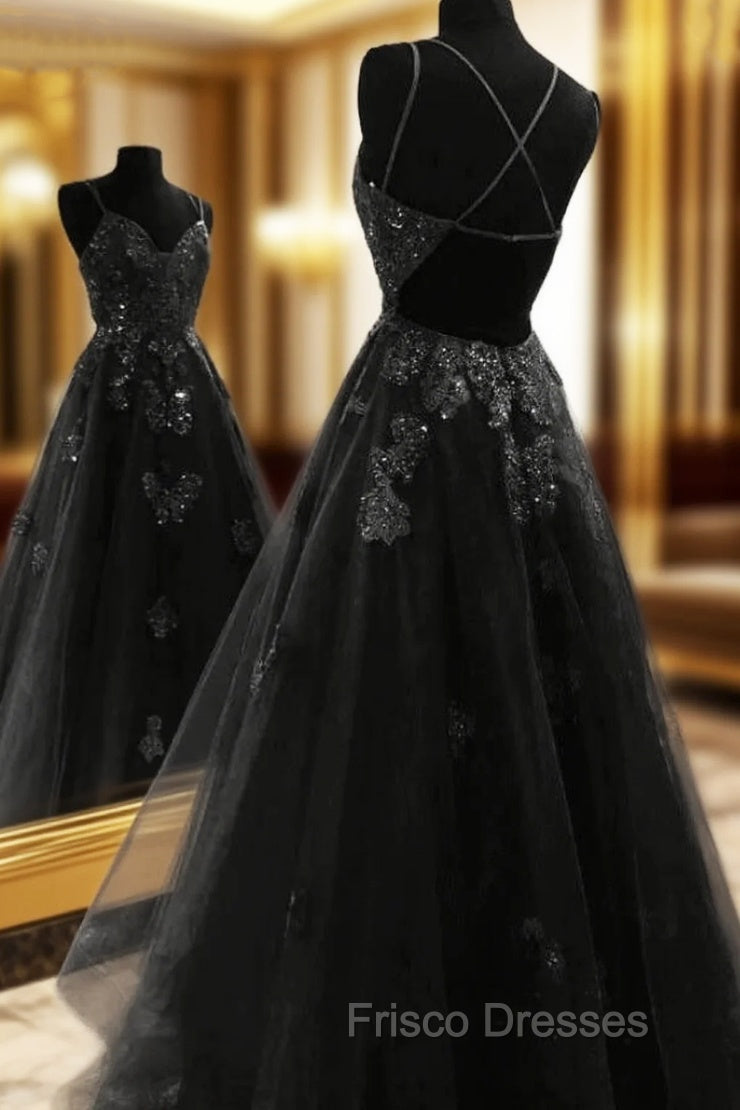 A Line Floor Length Black Tulle Lace Formal Prom Dress Main image