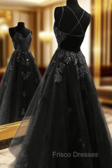 A Line Floor Length Black Tulle Lace Formal Prom Dress