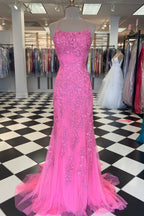 Red Floral Appliques Tulle Mermaid Long Formal Dress