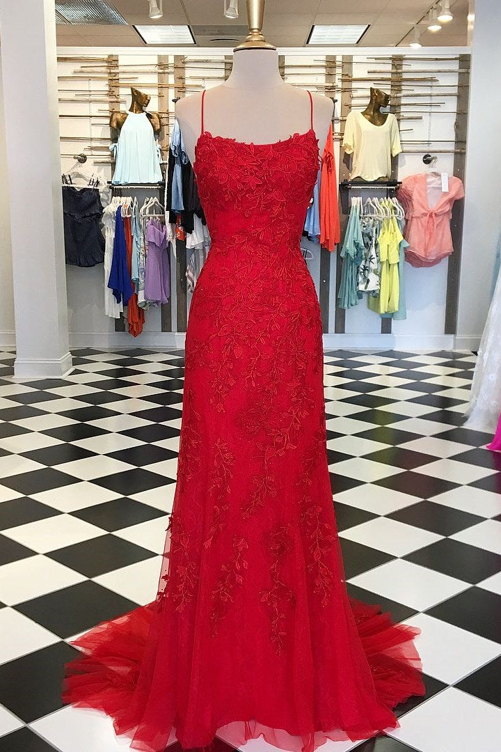 Red Floral Appliques Tulle Mermaid Long Formal Dress Main image