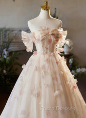A-line Floral  Champagne Tulle Long Formal Prom Dress, Elegant A-Line Formal Evening Dress