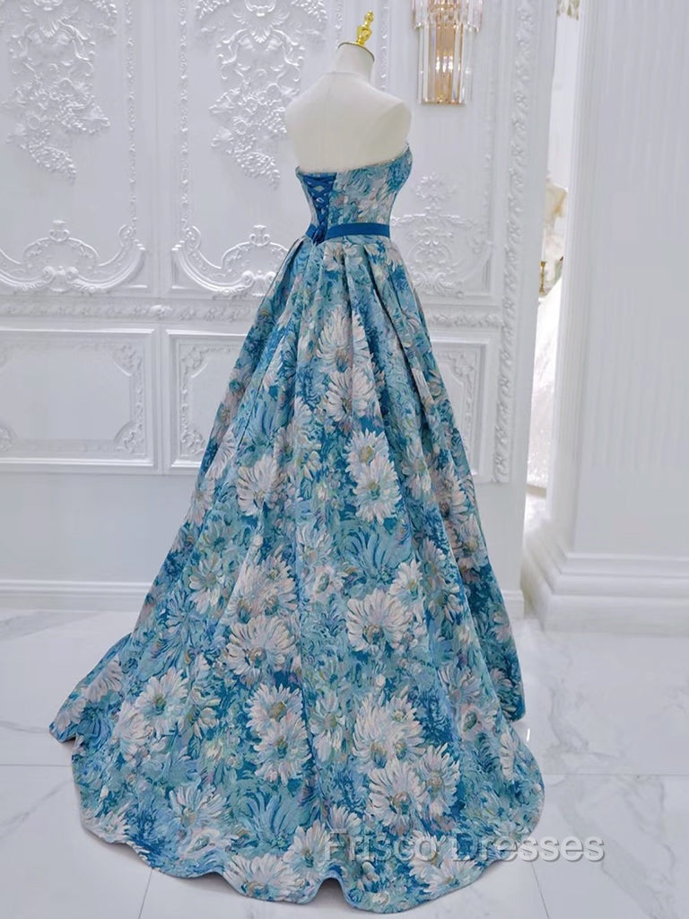 A-Line Flower Satin Blue Long Formal Prom Dress, Blue Long Formal Dress