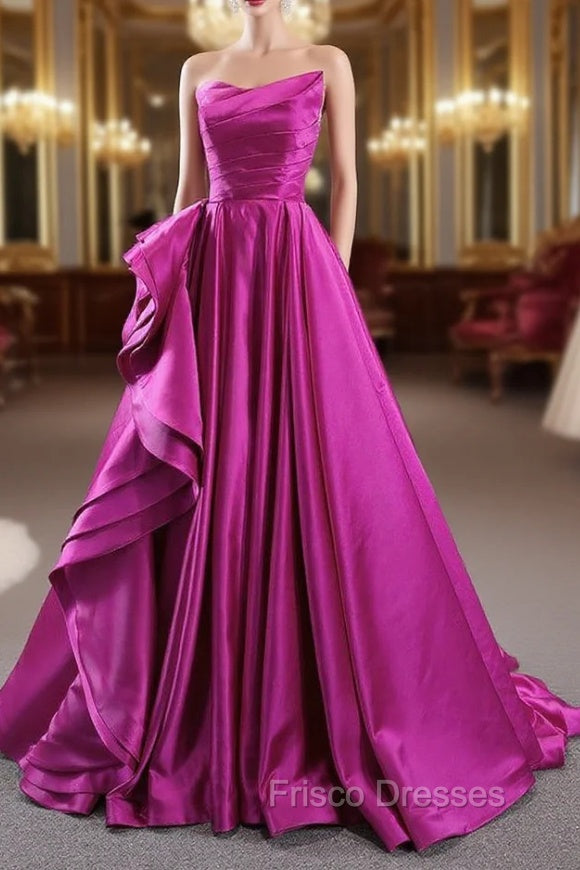 A-line Fuchsia Satin Strapless Pleats Formal Prom Dress Main image
