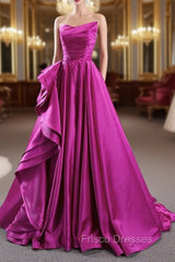 A-line Fuchsia Satin Strapless Pleats Formal Prom Dress