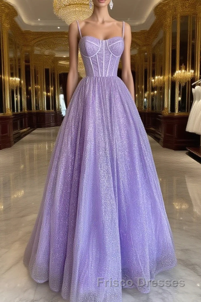A Line Glitter Tulle Formal Prom Dress with Pockets Main image