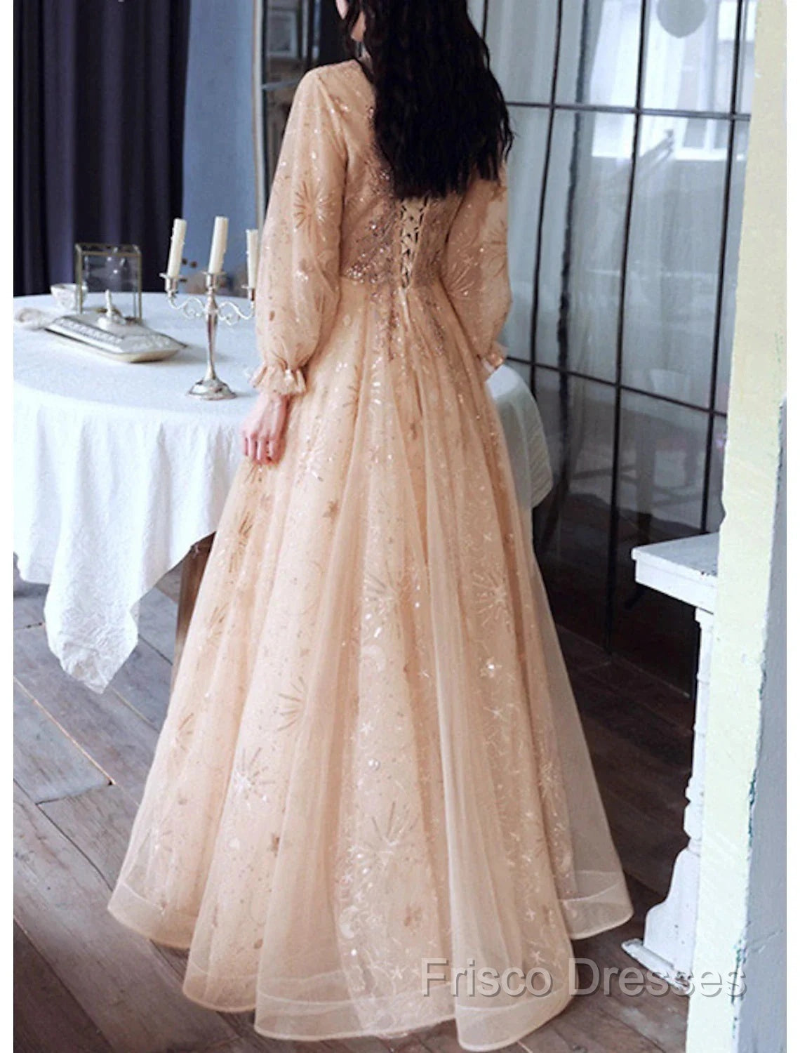 A-Line Glittering Elegant Engagement Formal Dress High Neck Long Sleeve Floor Length Tulle With Sequin Secondary image