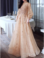 A-Line Glittering Elegant Engagement Formal Dress High Neck Long Sleeve Floor Length Tulle With Sequin