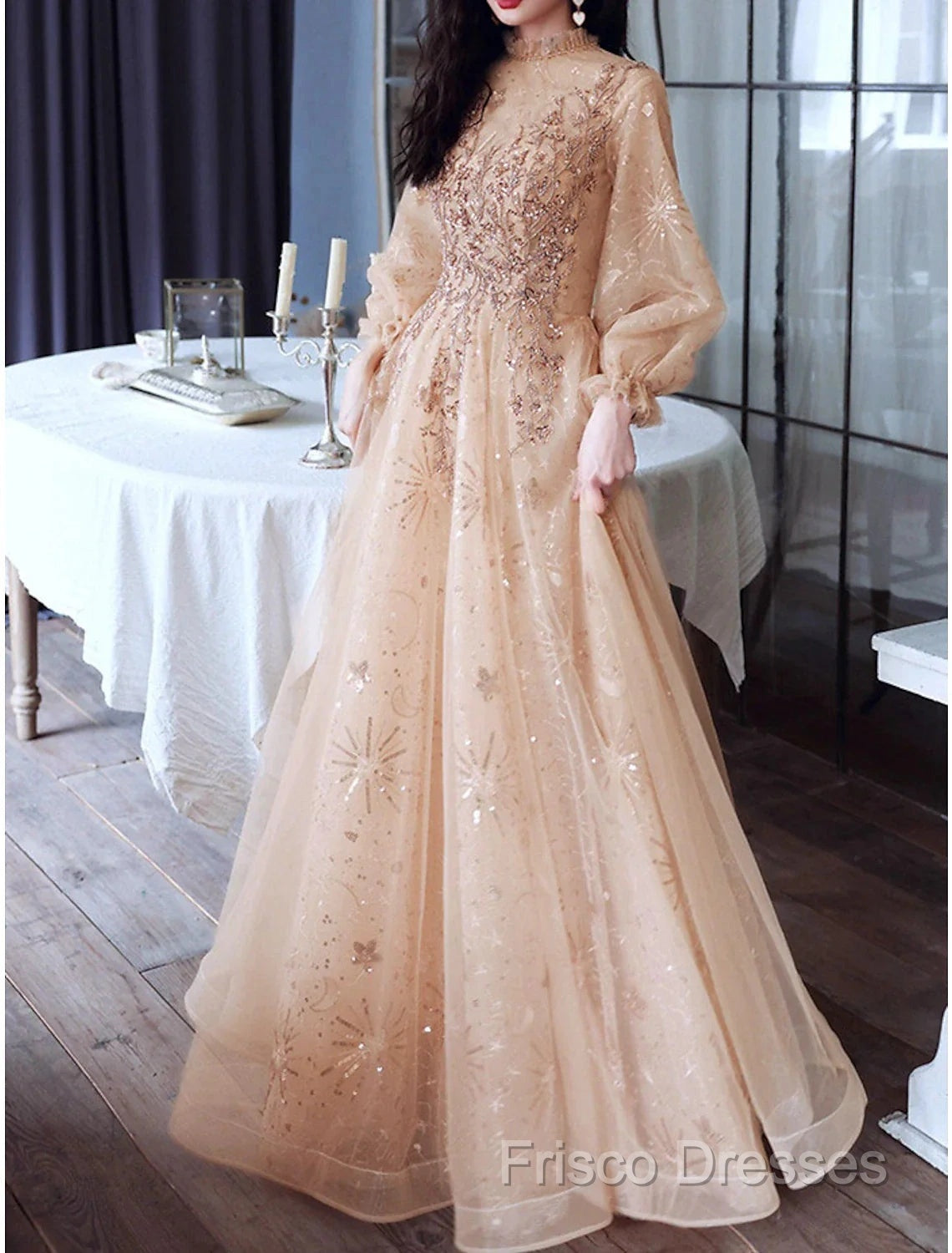 A-Line Glittering Elegant Engagement Formal Dress High Neck Long Sleeve Floor Length Tulle With Sequin