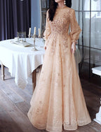 A-Line Glittering Elegant Engagement Formal Dress High Neck Long Sleeve Floor Length Tulle With Sequin
