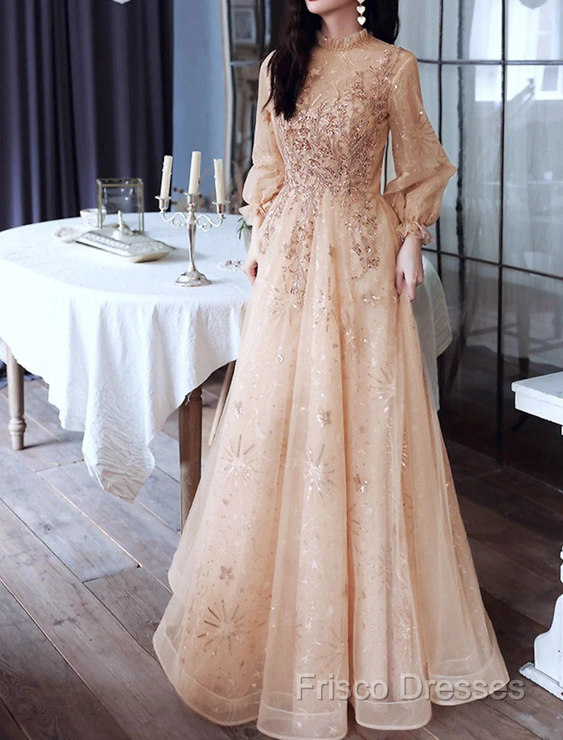 A-Line Glittering Elegant Engagement Formal Dress High Neck Long Sleeve Floor Length Tulle With Sequin