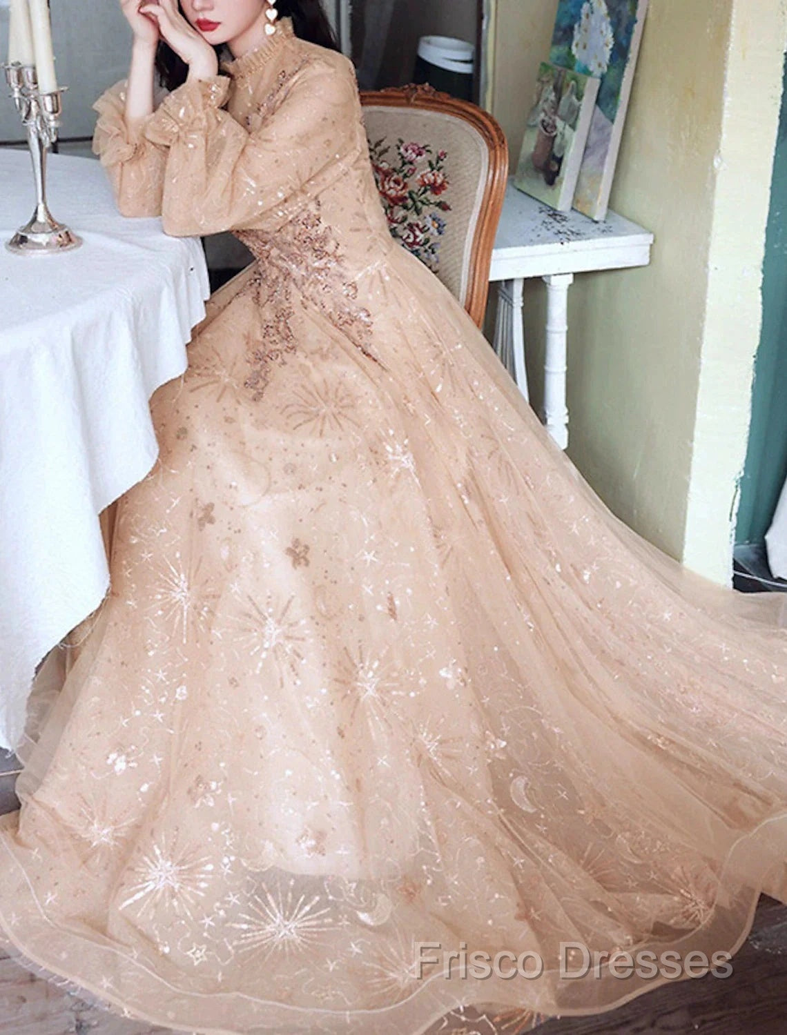 A-Line Glittering Elegant Engagement Formal Dress High Neck Long Sleeve Floor Length Tulle With Sequin