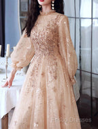 A-Line Glittering Elegant Engagement Formal Dress High Neck Long Sleeve Floor Length Tulle With Sequin