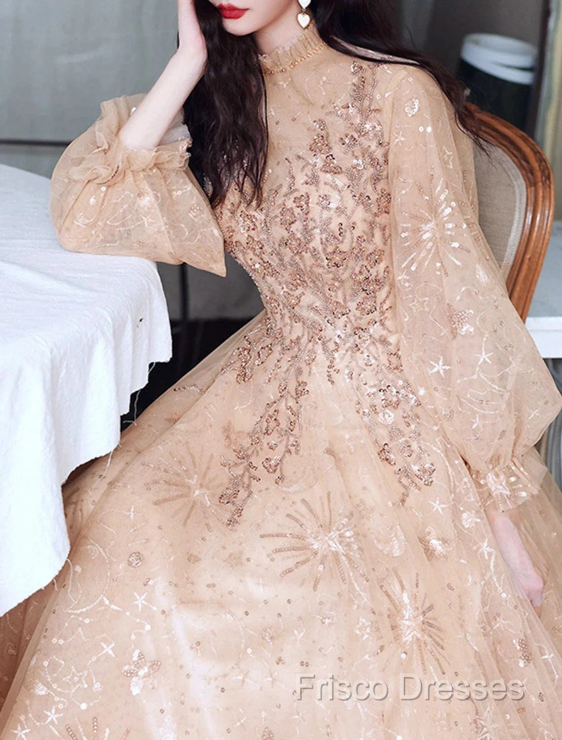 A-Line Glittering Elegant Engagement Formal Dress High Neck Long Sleeve Floor Length Tulle With Sequin