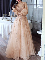 A-Line Glittering Elegant Engagement Formal Evening Dress High Neck Long Sleeve Floor Length Tulle With Sequin
