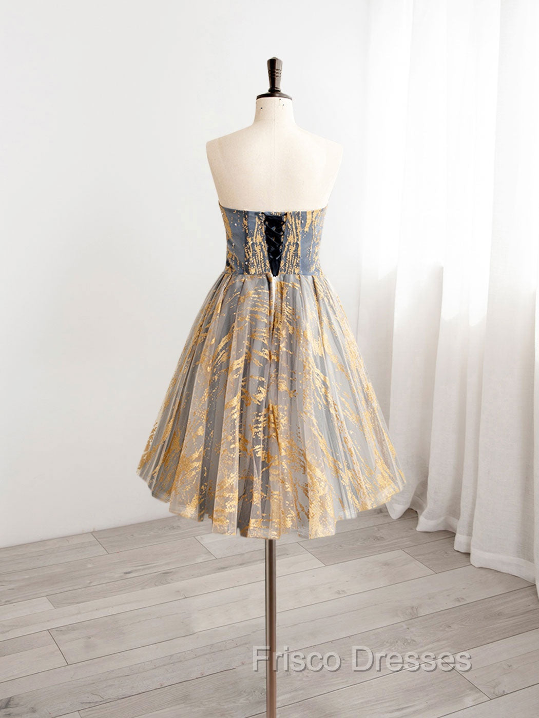 A-Line Gold/Blue Lace  Short Formal Prom Dress, Cute Homecoming Dress with Beading Secondary image