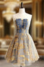 A-Line Gold/Blue Lace  Short Formal Prom Dress, Cute Homecoming Dress with Beading