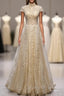 A-Line Gold Sequins High Neck Cap Sleeve Formal Prom Dress