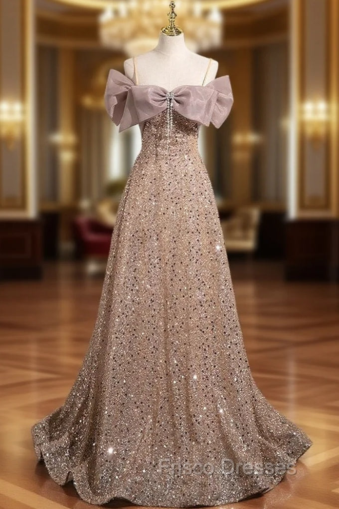 A-Line Gold Sequins Spaghetti Straps Bow Formal Prom Dress Main image