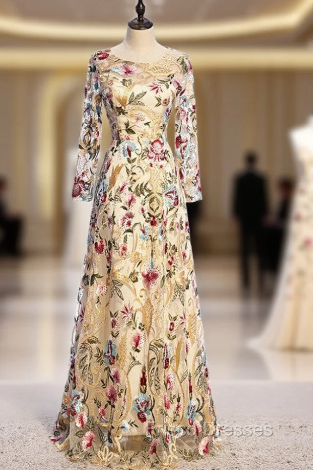 A-Line Gold Tulle Embroidery Long Sleeve Formal Prom Dress Main image