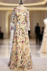 A-Line Gold Tulle Embroidery Long Sleeve Formal Prom Dress