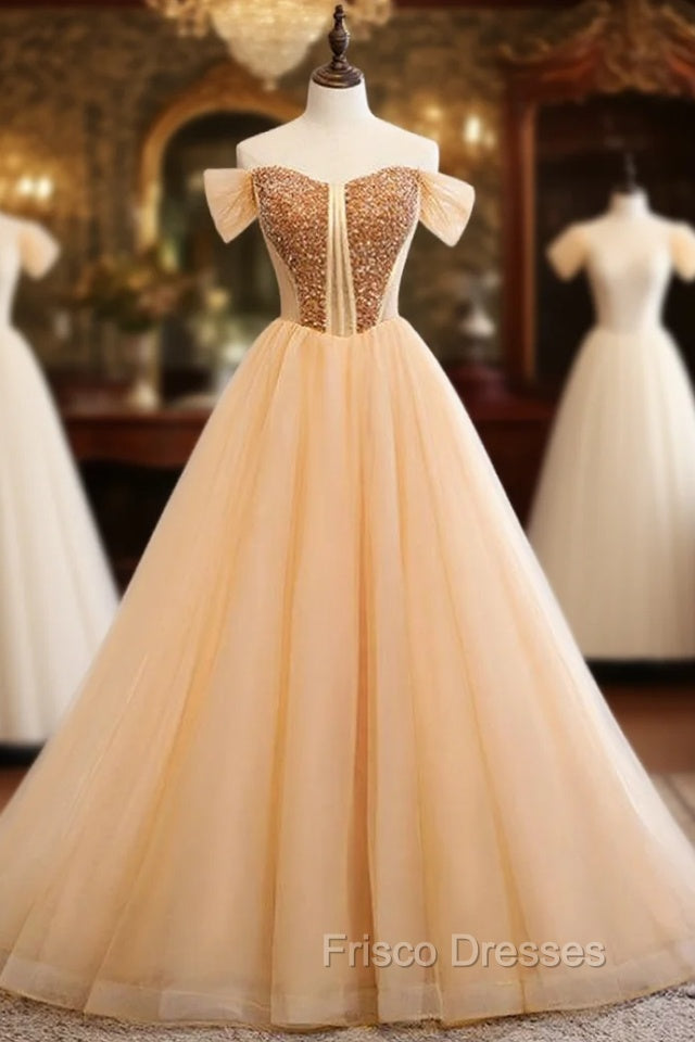 A-Line Gold Tulle Off the Shoulder Beading Formal Prom Dress Main image