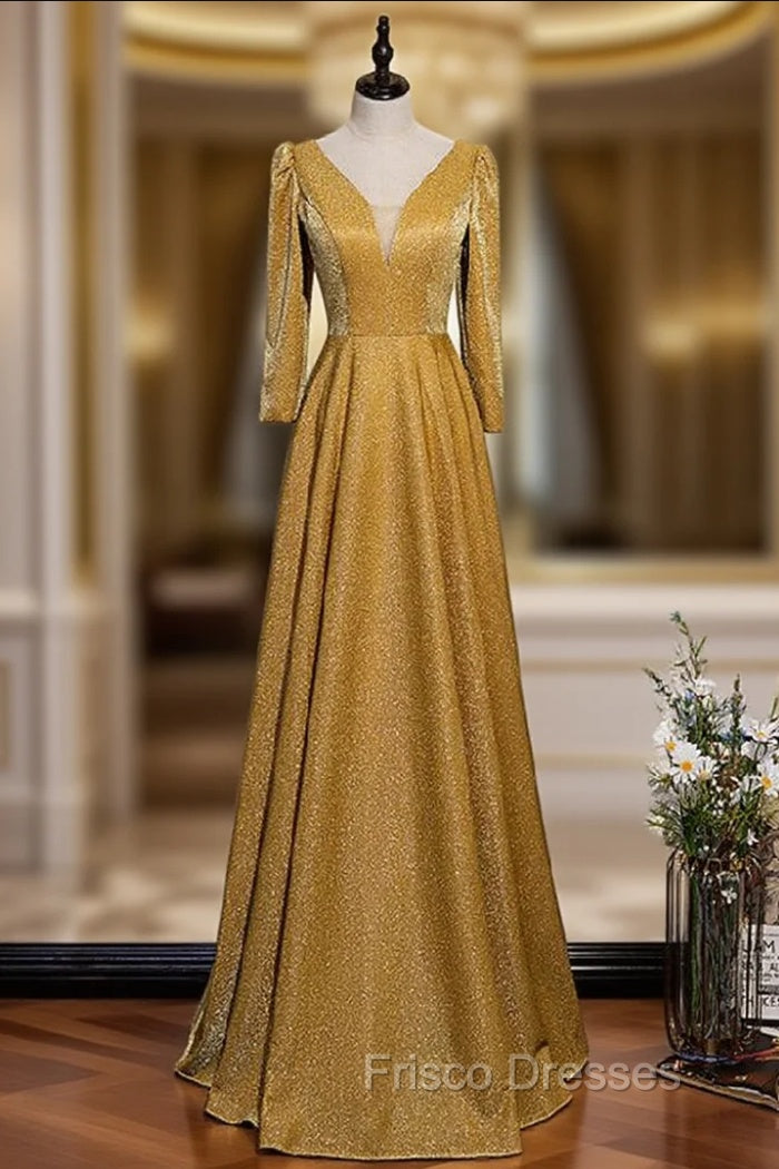 A-Line Gold V-neck Long Sleeve Formal Prom Dress