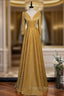 A-Line Gold V-neck Long Sleeve Formal Prom Dress