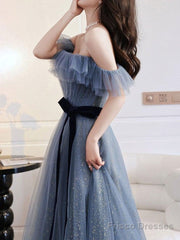 A-Line Gray Blue Off The Shoulder Long Prom Dress Sparkly Evening Dress