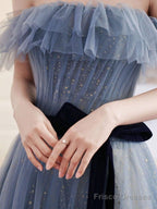 A-Line Gray Blue Off The Shoulder Long Prom Dress Sparkly Evening Dress