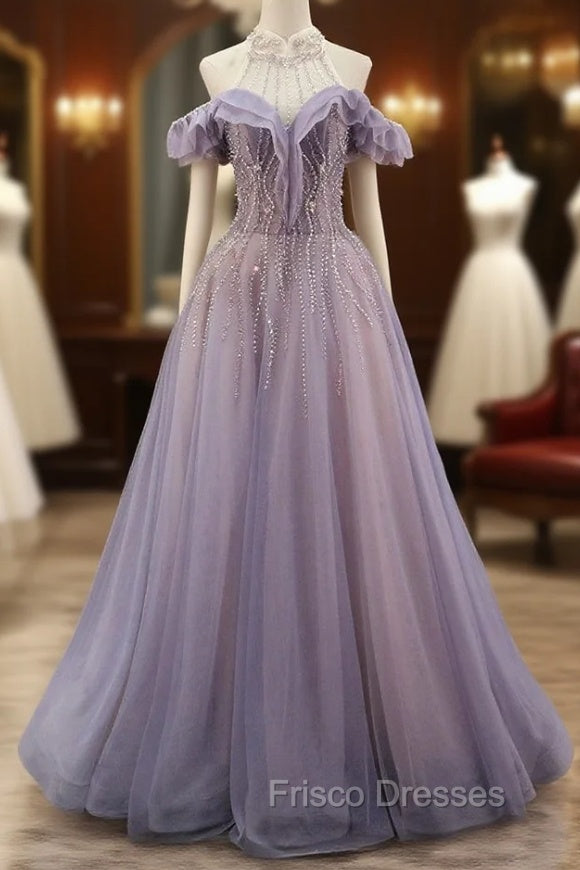 A-line Gray Blue Tulle Beading Formal Prom Dress
