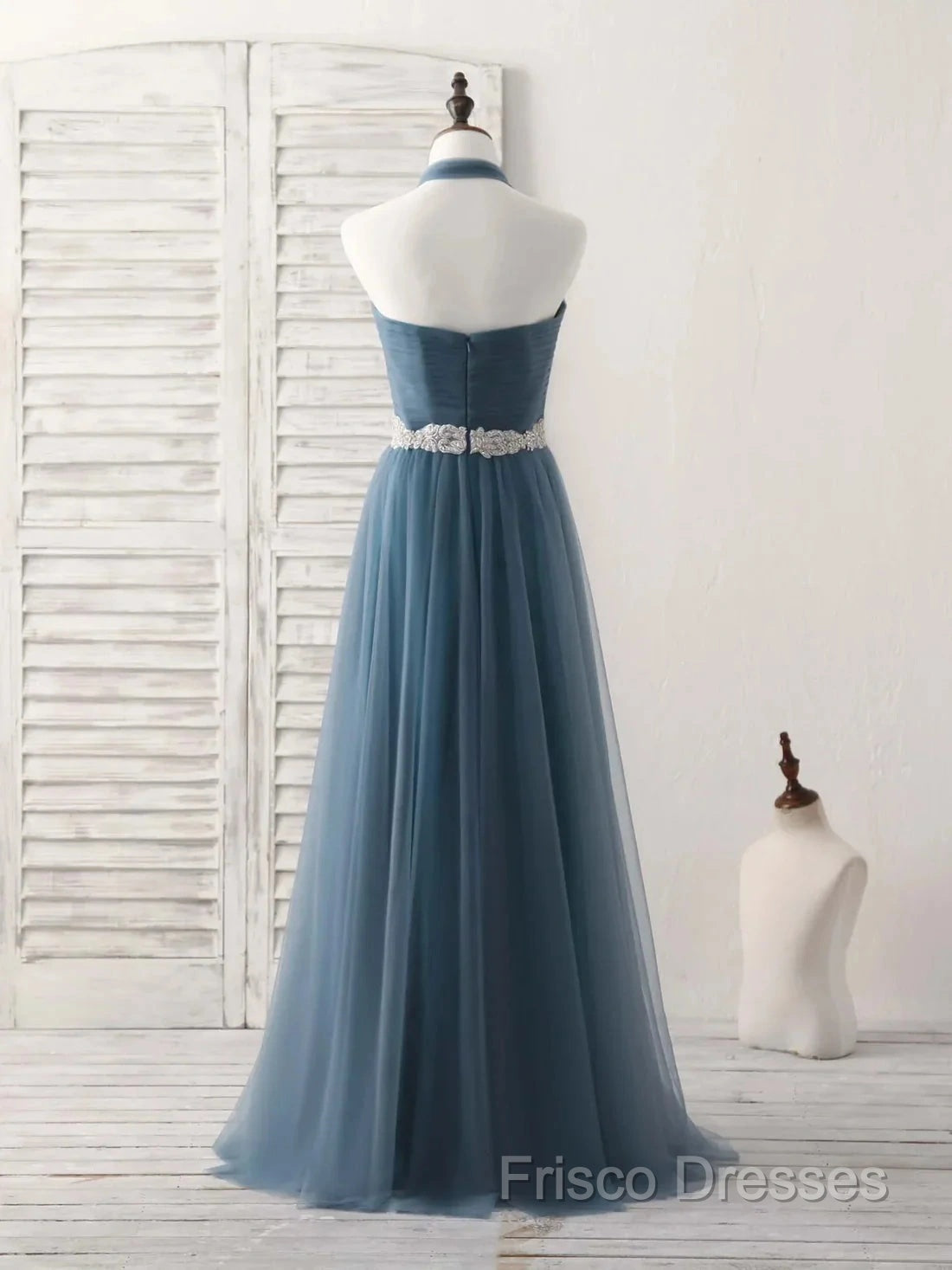 A-Line Gray Blue Tulle Long Bridesmaid Dress Floor-Length Beading Formal Prom Dress Elegant