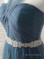 A-Line Gray Blue Tulle Long Bridesmaid Dress Floor-Length Beading Formal Prom Dress Elegant